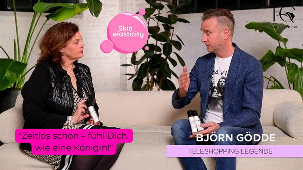 Katrin Spychalski erklärt Björn Goedde den Nutzen der face Cream Zeitlis schön mit Hyaluronsäure, Argeline Vitamin C und Sheabutter